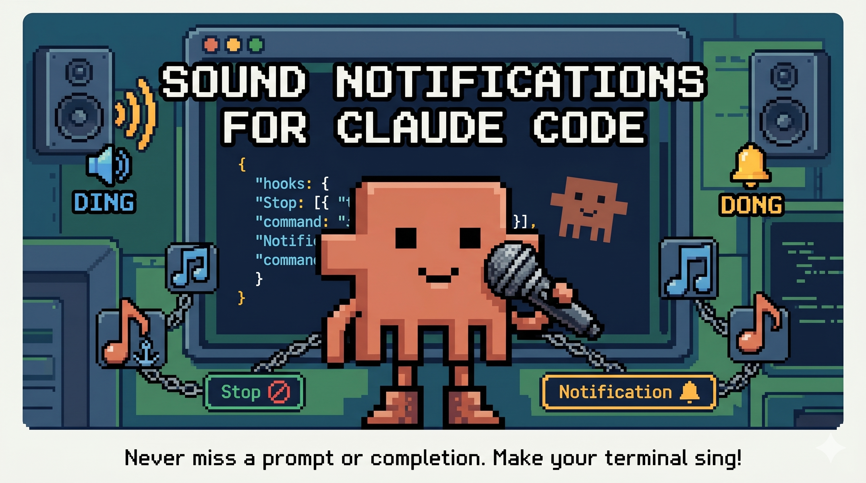 Claude Code terminal with sound wave notifications radiating outward
