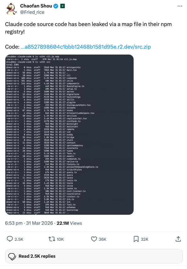 @Fried_rice tweet disclosing the Claude Code source leak via npm source map